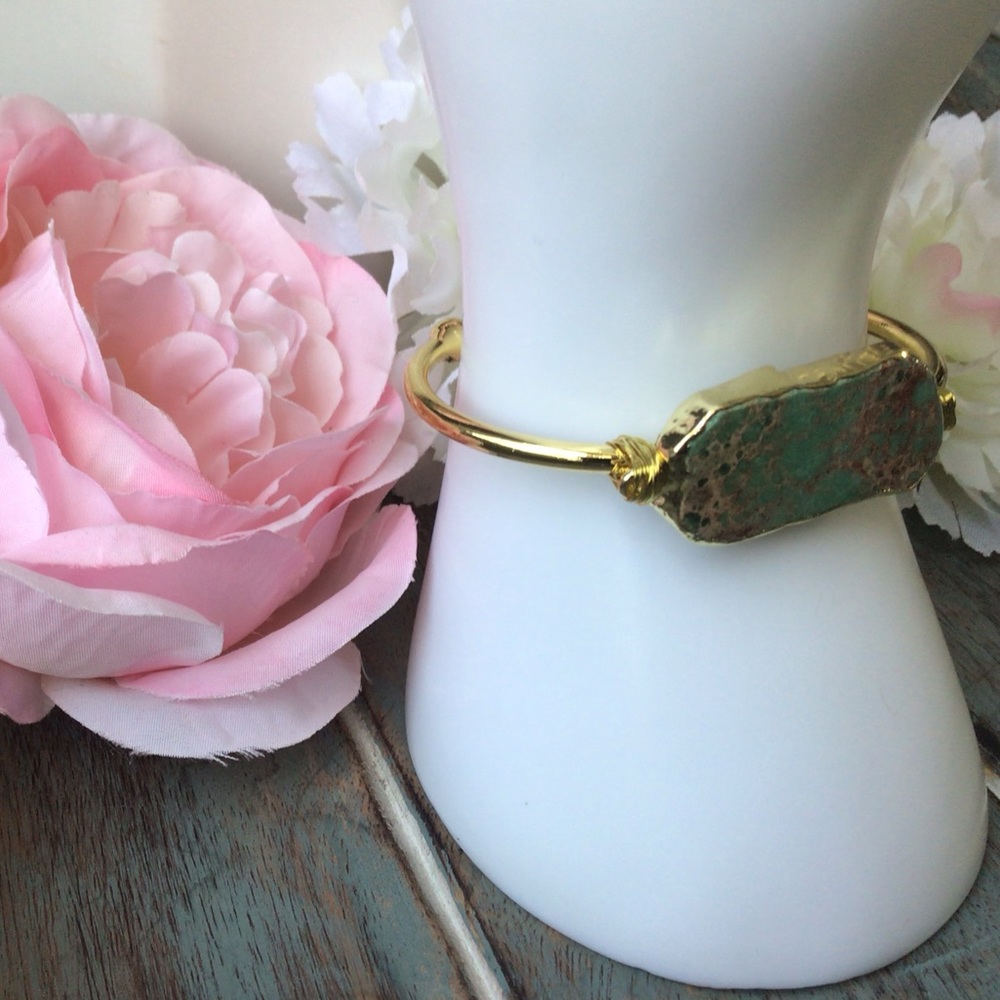 18K Gold Natural Sea Jasper Stone Cuff Bangle - Picture 6 of 9
